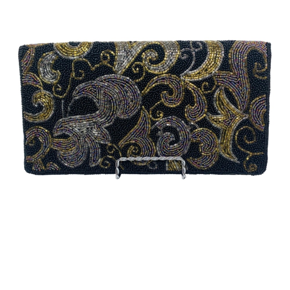Vintage Beaded Clutch Purse: 1950s/60s Black Multi-Color Evening Bag - Picture 2 of 8